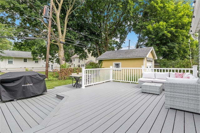 45 Croydon Rd, Rochester, NY 14610 - deck with an outdoor hangout area, outdoor dining space, grilling area, and an outdoor structure