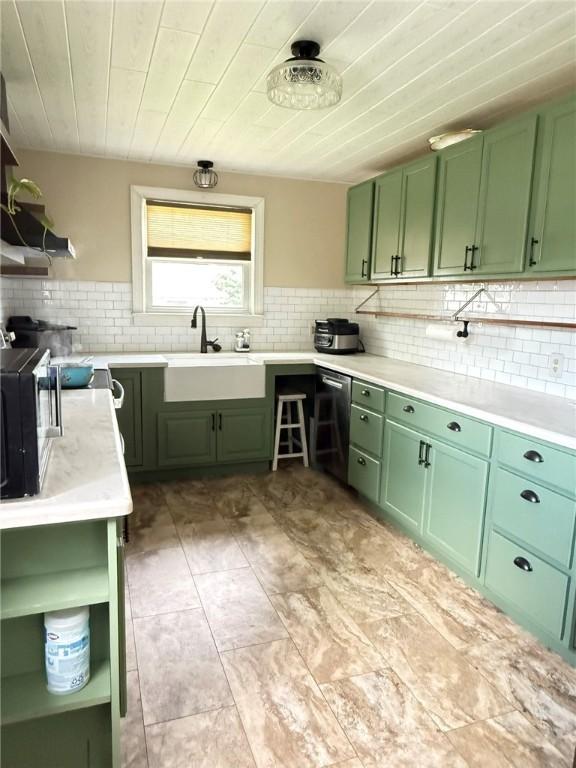 114 W Main St, Sidney, NY 13838 - kitchen featuring green cabinets, open shelves, light countertops, tasteful backsplash, and wooden ceiling