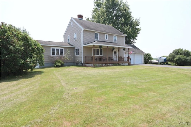 19536 State Route 3, Hounsfield, NY 13601 - view of front of home featuring covered porch, a front lawn, a chimney, and a detached garage