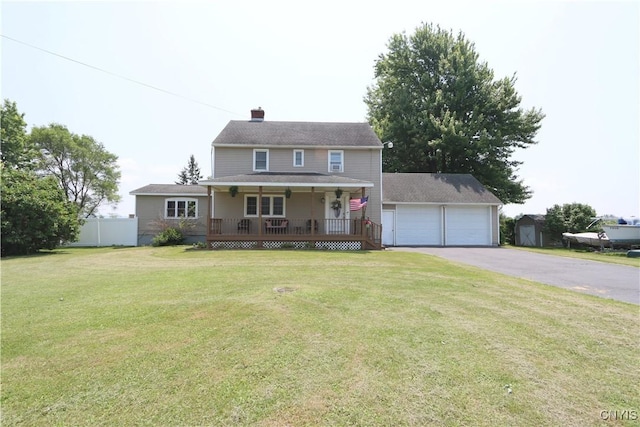 19536 State Route 3, Hounsfield, NY 13601 - view of front of house with a porch, an outdoor structure, asphalt driveway, and a chimney