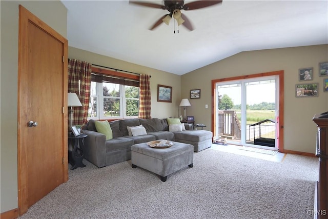 19536 State Route 3, Hounsfield, NY 13601 - carpeted living room with vaulted ceiling, ceiling fan, and plenty of natural light