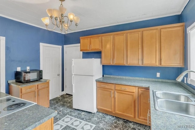 709 87th St, Niagara Falls, NY 14304 - kitchen featuring freestanding refrigerator, black microwave, a chandelier, stovetop, and crown molding