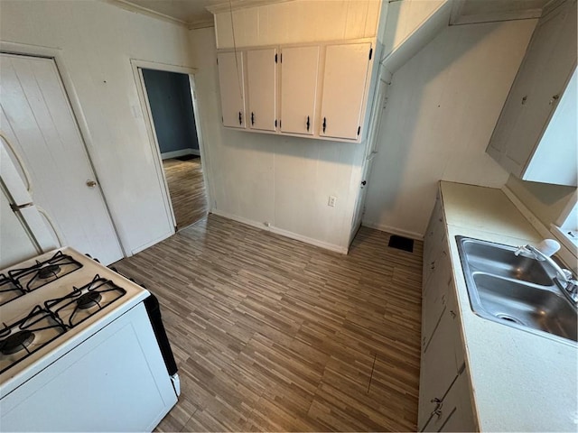 201 Sheppard St, Milo, NY 14527 - kitchen with white gas stove, wood finished floors, light countertops, white cabinetry, and ornamental molding