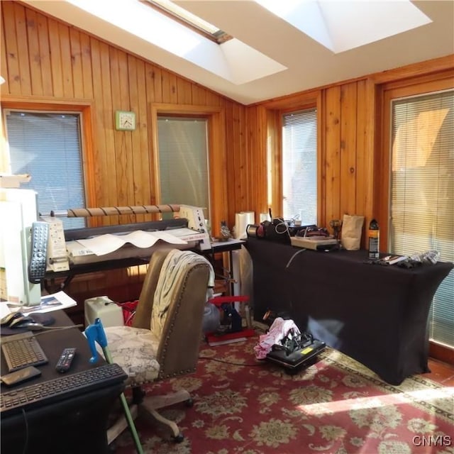 3903 Lafayette Rd, Lafayette, NY 13078 - office space with a skylight, vaulted ceiling, and wooden walls