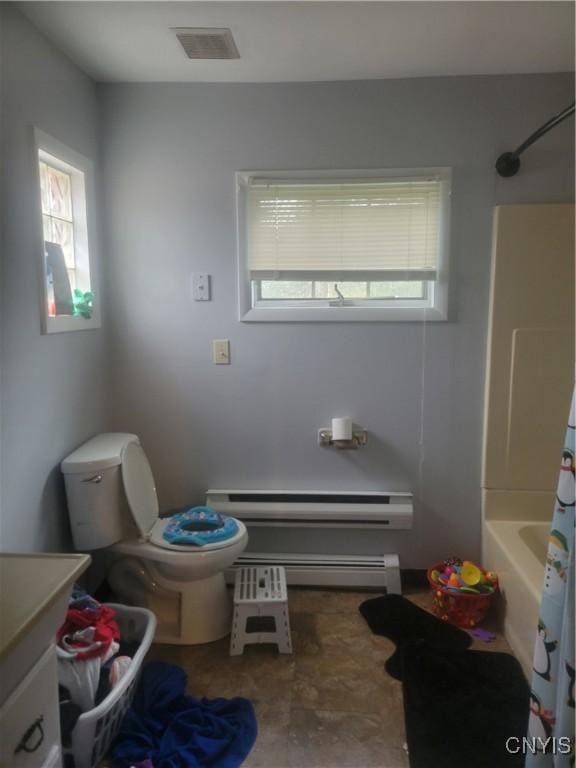 3903 Lafayette Rd, Lafayette, NY 13078 - full bathroom with a baseboard radiator, shower / tub combo with curtain, vanity, and baseboard heating