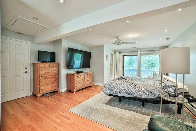 425 Vanderbilt Ave, Niagara Falls, NY 14305 - bedroom with access to exterior, light wood finished floors, attic access, recessed lighting, and ceiling fan