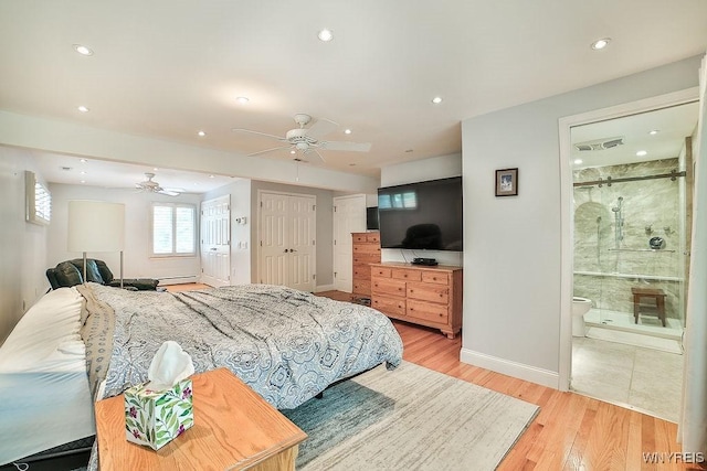 425 Vanderbilt Ave, Niagara Falls, NY 14305 - bedroom with light wood-style flooring, recessed lighting, connected bathroom, and a ceiling fan