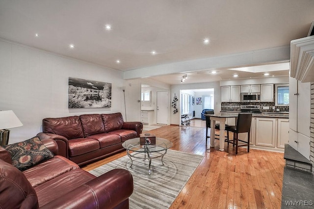 425 Vanderbilt Ave, Niagara Falls, NY 14305 - living room with ornamental molding, light wood-style flooring, and plenty of natural light
