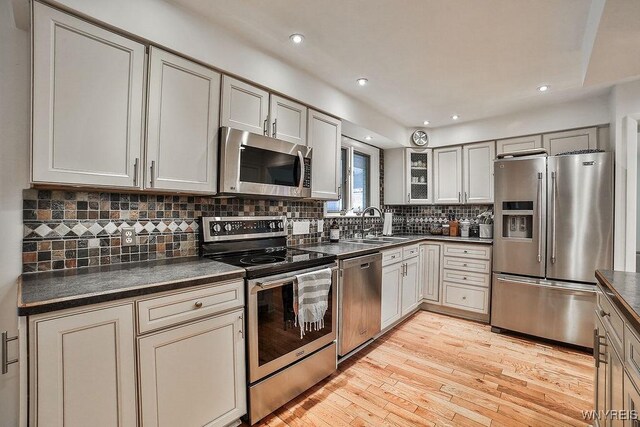425 Vanderbilt Ave, Niagara Falls, NY 14305 - kitchen featuring appliances with stainless steel finishes, dark countertops, light wood-style flooring, tasteful backsplash, and recessed lighting