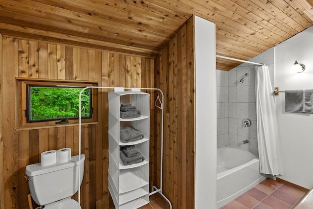 8 Small Rd, Middletown, NY 12455 - bathroom with shower / bathtub combination with curtain, wood ceiling, tile patterned flooring, wood walls, and vaulted ceiling