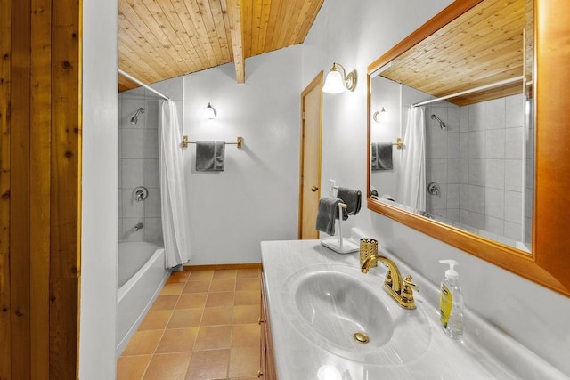 8 Small Rd, Middletown, NY 12455 - full bathroom featuring wooden ceiling, tile patterned flooring, shower / bathtub combination with curtain, and vanity