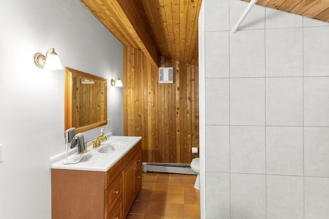8 Small Rd, Middletown, NY 12455 - bathroom with a baseboard heating unit, vanity, wood ceiling, wood walls, and tile patterned floors