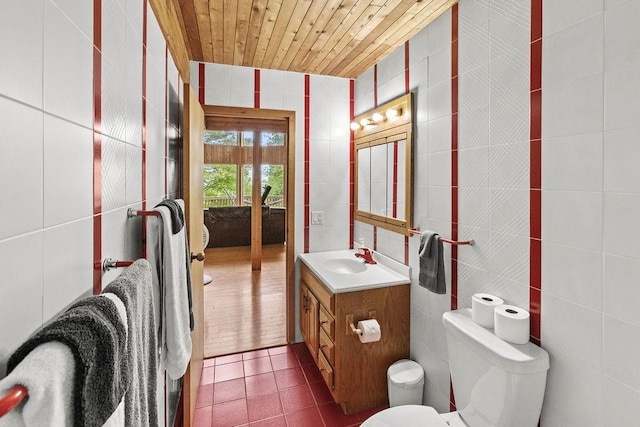 8 Small Rd, Middletown, NY 12455 - bathroom with vanity, tile patterned floors, tile walls, and wooden ceiling