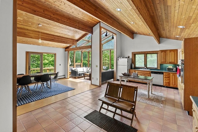 8 Small Rd, Middletown, NY 12455 - living room with a wooden ceiling with exposed beams, light tile patterned floors, recessed lighting, and high vaulted ceiling