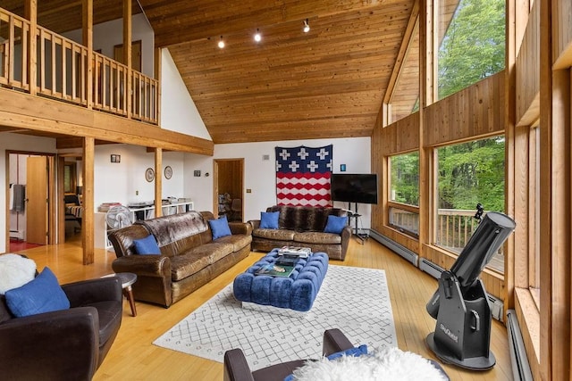 8 Small Rd, Middletown, NY 12455 - living room featuring rail lighting, high vaulted ceiling, wood ceiling, hardwood / wood-style floors, and a baseboard heating unit