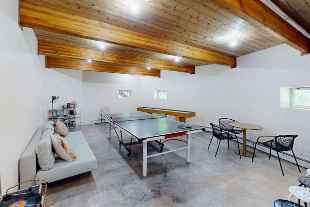 8 Small Rd, Middletown, NY 12455 - rec room with concrete flooring, a wooden ceiling with exposed beams, and a baseboard heating unit