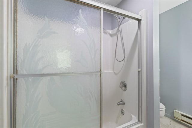 130 Quay Dr, Irondequoit, NY 14617 - bathroom with baseboard heating and combined bath / shower with glass door