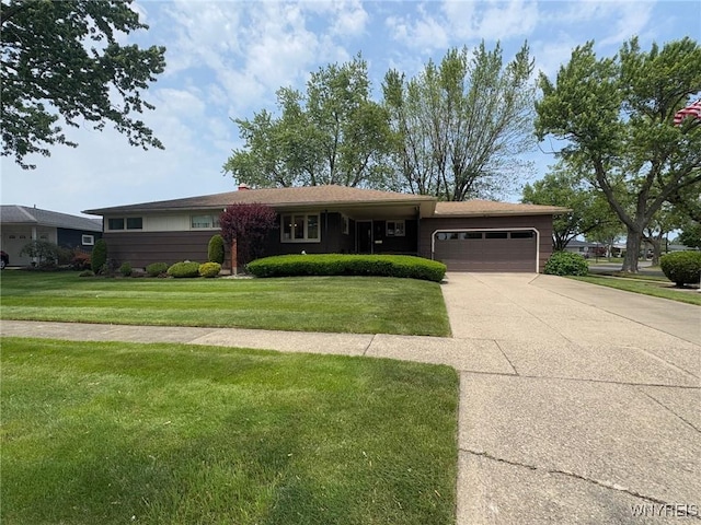 66 Fairlane Ave, Tonawanda-Town, NY 14150 - ranch-style house featuring a garage, a front lawn, driveway, and a chimney