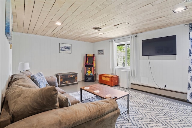 3 Harbour Ln, South Bristol, NY 14424 - living area with wood ceiling, baseboard heating, wooden walls, and recessed lighting