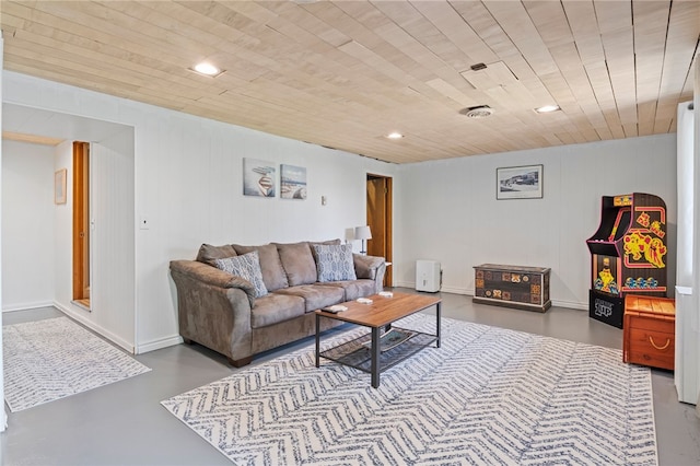 3 Harbour Ln, South Bristol, NY 14424 - living area featuring wooden ceiling, finished concrete floors, and recessed lighting