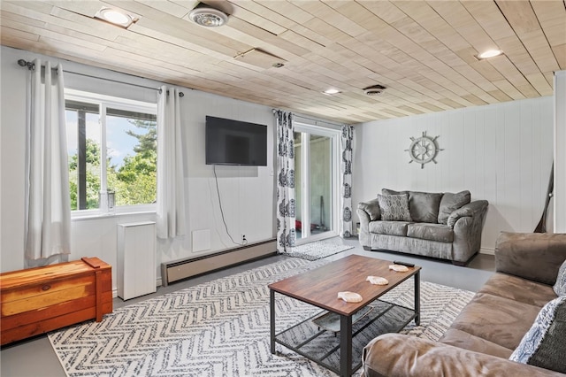 3 Harbour Ln, South Bristol, NY 14424 - living room with baseboard heating, wooden ceiling, and wood walls
