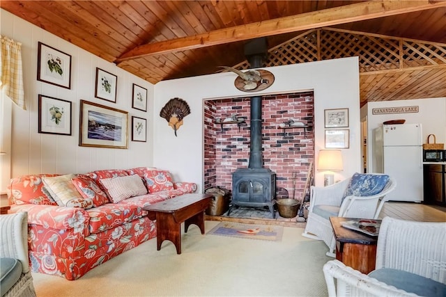 6121 Beechtree Dr, South Bristol, NY 14512 - living room featuring a wood stove, wooden ceiling, and carpet flooring