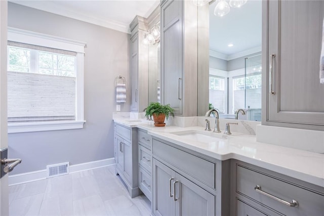 15 Cathedral Oaks, Perinton, NY 14450 - full bathroom with plenty of natural light, double vanity, crown molding, and a stall shower