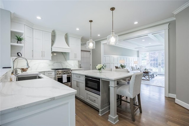 15 Cathedral Oaks, Perinton, NY 14450 - kitchen with custom exhaust hood, stainless steel stove, open shelves, decorative backsplash, and ornamental molding