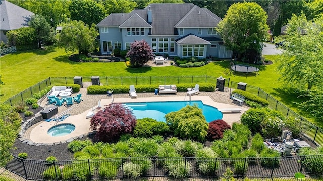 15 Cathedral Oaks, Perinton, NY 14450 - view of swimming pool with an in-ground hot tub, a fenced backyard, a patio, and a diving board