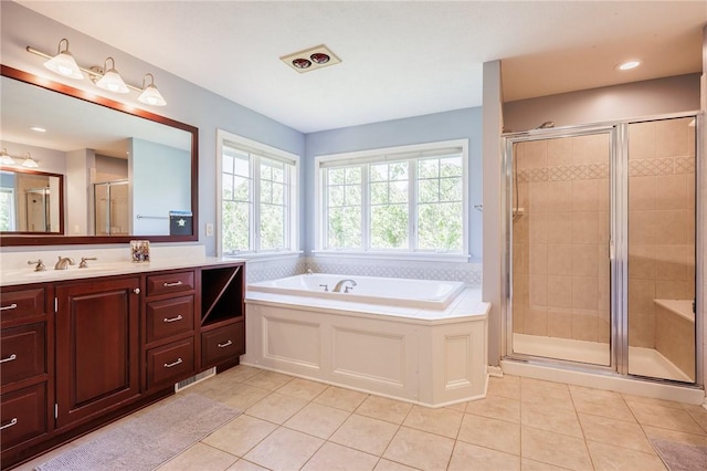 15 Cathedral Oaks, Perinton, NY 14450 - full bathroom featuring tile patterned flooring, vanity, a bath, a shower stall, and recessed lighting