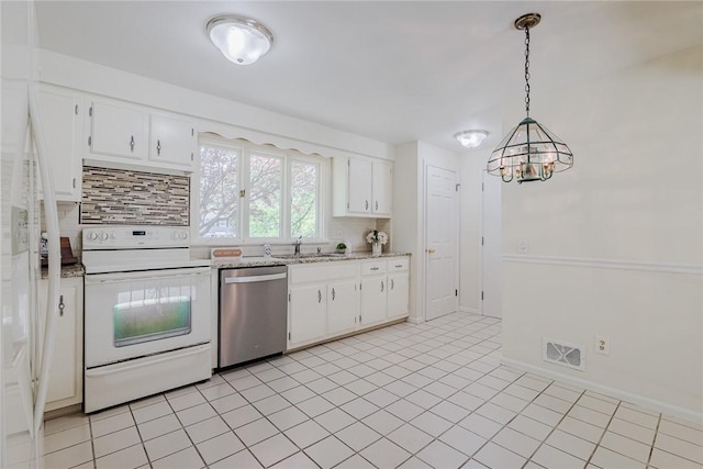 21 Chipping, Perinton, NY 14450 - kitchen featuring stainless steel dishwasher, electric range, tasteful backsplash, white cabinetry, and a chandelier