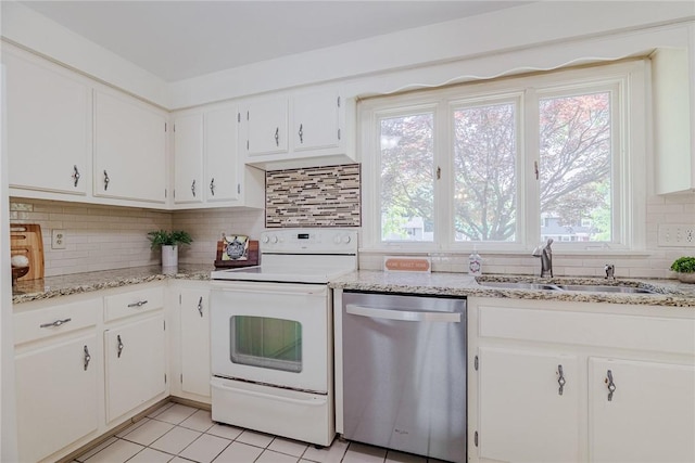 21 Chipping, Perinton, NY 14450 - kitchen featuring dishwasher, white electric range oven, decorative backsplash, white cabinetry, and light tile patterned floors