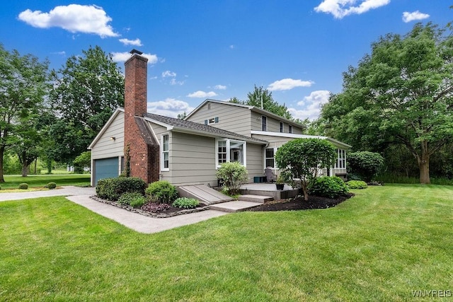 11544 Howe Rd, Newstead, NY 14001 - view of front of property featuring an attached garage, a front lawn, and a chimney