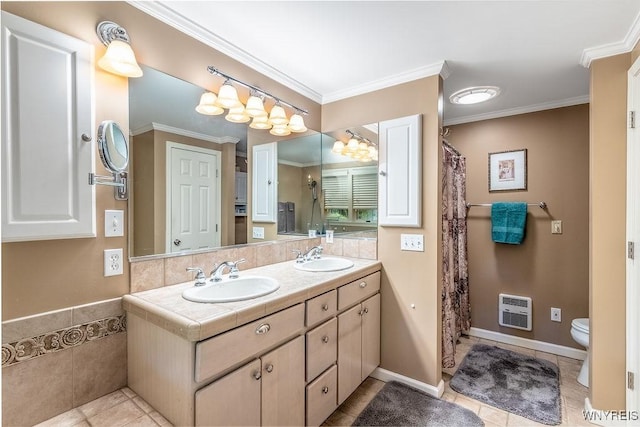11544 Howe Rd, Newstead, NY 14001 - full bathroom with heating unit, double vanity, ornamental molding, tile patterned floors, and a shower with shower curtain