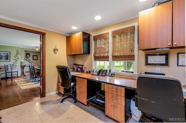 11544 Howe Rd, Newstead, NY 14001 - office featuring ornamental molding, built in study area, and recessed lighting