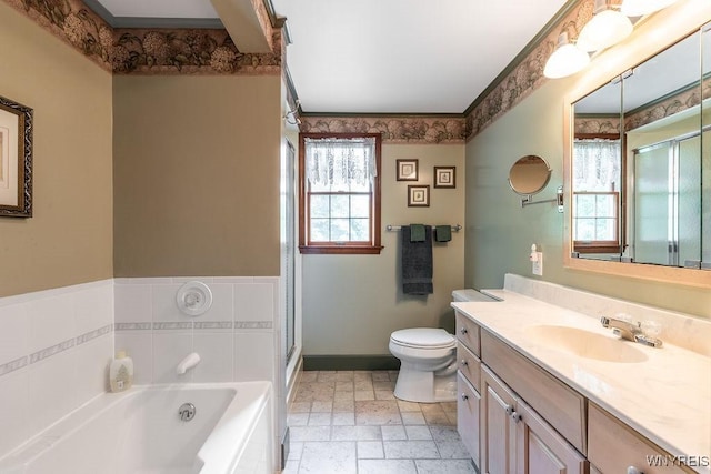 11544 Howe Rd, Newstead, NY 14001 - bathroom with a bath, vanity, a stall shower, and stone tile floors