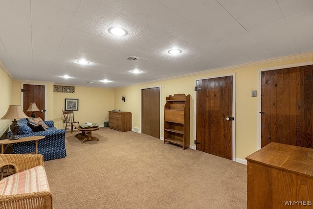 11544 Howe Rd, Newstead, NY 14001 - carpeted living room featuring crown molding and recessed lighting