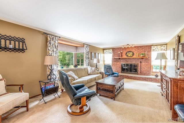 11544 Howe Rd, Newstead, NY 14001 - living room featuring crown molding, light colored carpet, and a fireplace