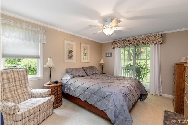 11544 Howe Rd, Newstead, NY 14001 - carpeted bedroom featuring access to exterior, multiple windows, crown molding, and a ceiling fan