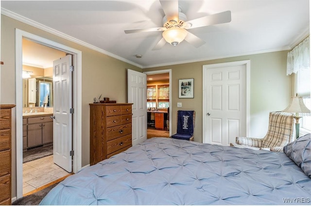 11544 Howe Rd, Newstead, NY 14001 - bedroom featuring crown molding, connected bathroom, and ceiling fan