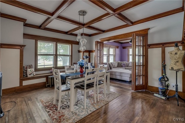 302 N James St, Wilna, NY 13619 - dining room featuring hardwood / wood-style flooring, coffered ceiling, and beamed ceiling