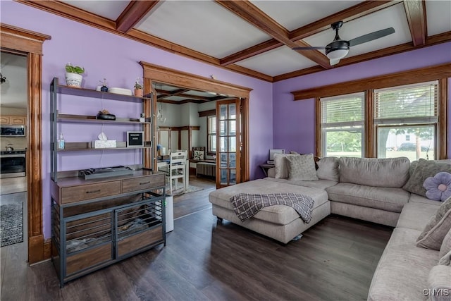 302 N James St, Wilna, NY 13619 - living area with coffered ceiling, a ceiling fan, dark wood-style flooring, beamed ceiling, and radiator