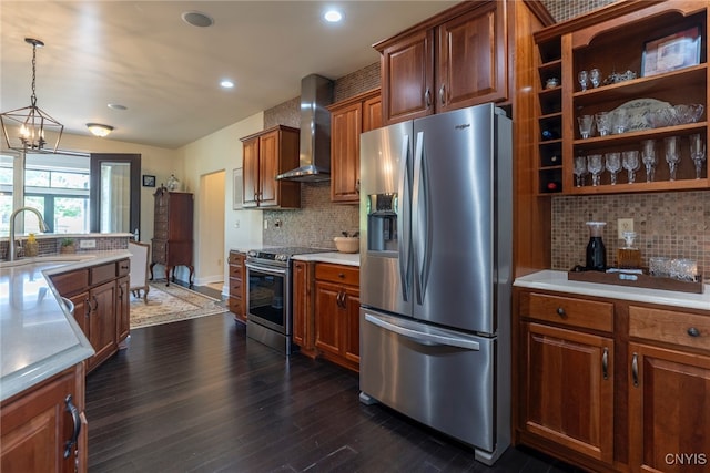 3389 Long Shadow Dr, Lysander, NY 13027 - kitchen with appliances with stainless steel finishes, wall chimney exhaust hood, tasteful backsplash, dark wood-style floors, and light countertops