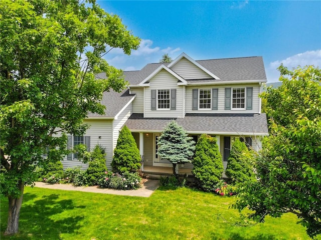 106 Woodsview, Erwin, NY 14870 - view of front of house with a front lawn, covered porch, and a shingled roof
