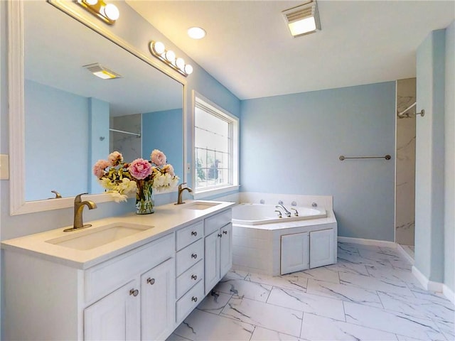 106 Woodsview, Erwin, NY 14870 - full bathroom with walk in shower, a garden tub, double vanity, and marble look tiles