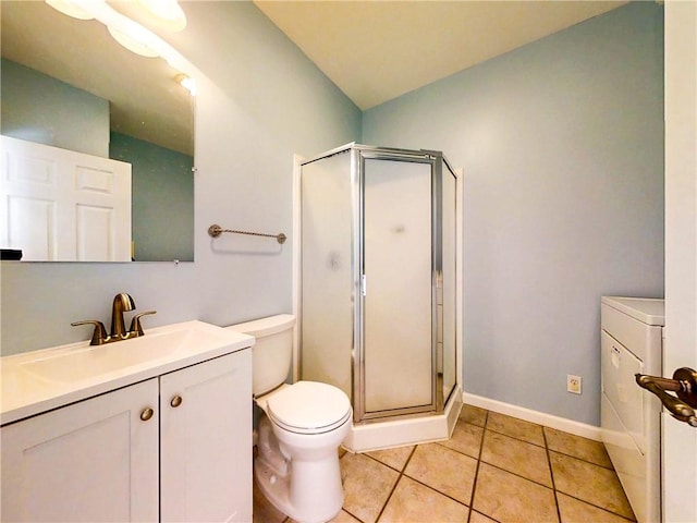 106 Woodsview, Erwin, NY 14870 - full bath featuring vanity, a stall shower, tile patterned flooring, and washer / clothes dryer
