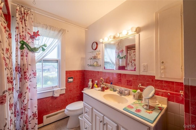 810 Franklin St, Skaneateles, NY 13152 - bathroom with baseboard heating, tile walls, vanity, wainscoting, and a shower with shower curtain