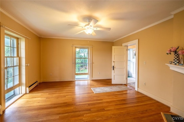 810 Franklin St, Skaneateles, NY 13152 - spare room with a baseboard heating unit, light wood finished floors, ornamental molding, and ceiling fan