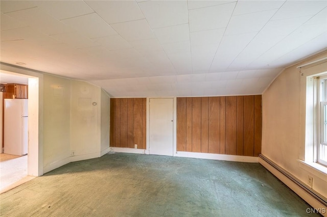 810 Franklin St, Skaneateles, NY 13152 - additional living space with a baseboard radiator, carpet, wood walls, and lofted ceiling