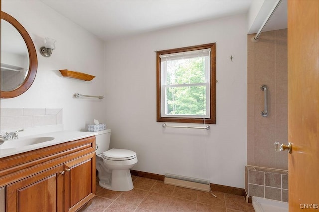 4581 Nelson Rd, Fenner, NY 13035 - full bath featuring a baseboard radiator, vanity, a tile shower, tile patterned flooring, and tasteful backsplash